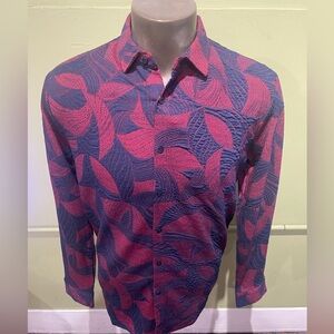 Deniko Men's Red and Blue Patterned Shirt button front stretchy floral